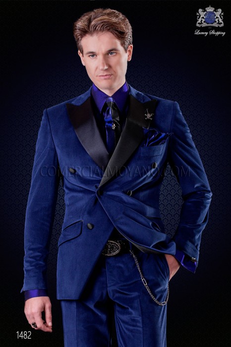 Italian royal blue velvet fashion double breasted suit. Satin black peak lapels and 6 buttons. 