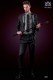 Italian fashion black groom suit. Peak lapels with silver embroidery and 1 button.