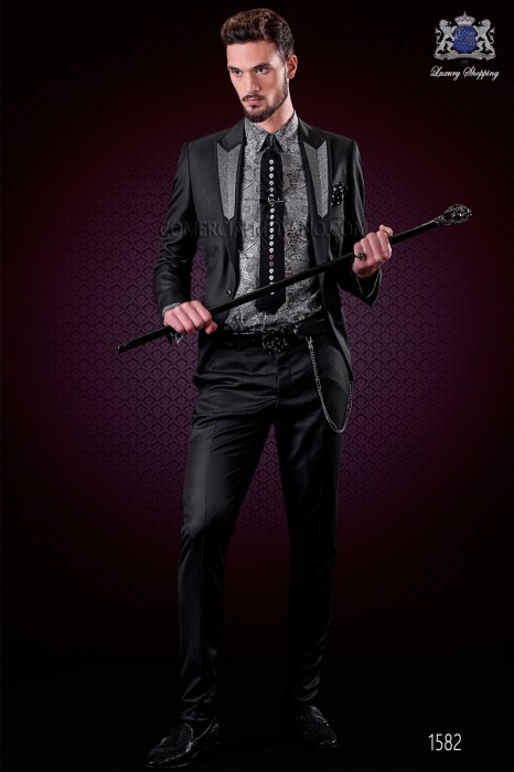 Italian fashion black groom suit. Peak lapels with silver embroidery and 1 button.