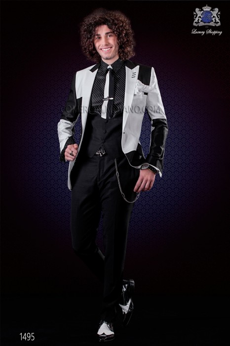Patchwork jacket black and white. Peak lapels and 1 button. Wool mix fabric.