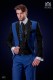 Italian patchwork suit electric blue and black. Peak lapels and 1 button. Wool mix fabric.