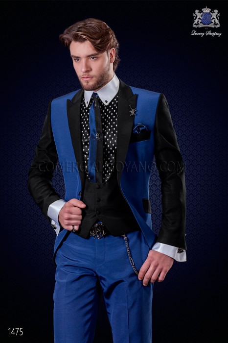 Italien costume de mariage patchwork bleu et noir. Revers de pointe et 1 bouton. Tissu de mélangée laine.