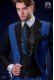 Italian patchwork suit electric blue and black. Peak lapels and 1 button. Wool mix fabric.