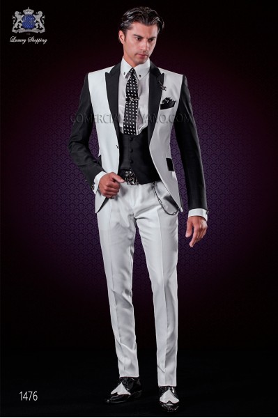 Italian patchwork suit black and white. Peak lapels and 1 button. 