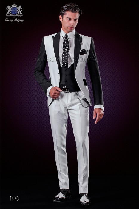 Italienische Patchwork Anzug schwarz und weiß. Spitzen Revers und 1 Knopf. 