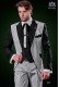 Italienische Patchwork Anzug perlgrau und schwarz. Spitzen Revers und 1 Knopf. Wollmischung Stoffe.