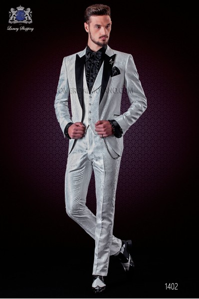 Italian fashion wedding suit white jacquard. Satin black peak lapel and 1 button.