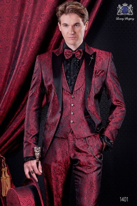 Traje de moda italiano jacquard rojo y negro. Solapa de punta de raso con 1 botón. 