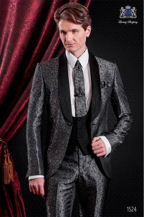Italienische graue Jacquard Smoking-Anzug. Satin schwarz Schale Revers und 1 Knopf.