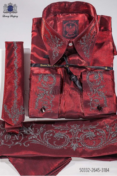 Camisa y accesorios roja de lúrex bordado Drako