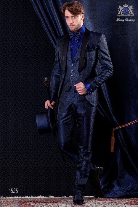 Italian fashion tuxedo blue jacquard. Satin black shawl collar and 1 button.