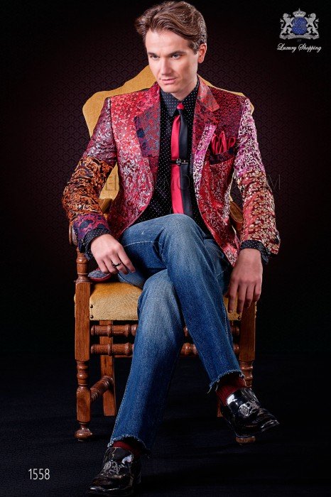 Italian patchwork jacket made of pure jacquard silk red tones