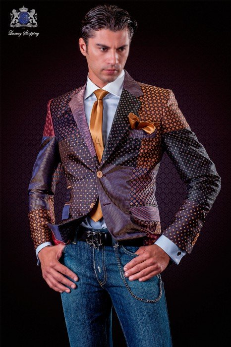 Italian patchwork jacket made of pure jacquard silk bordeaux tones.