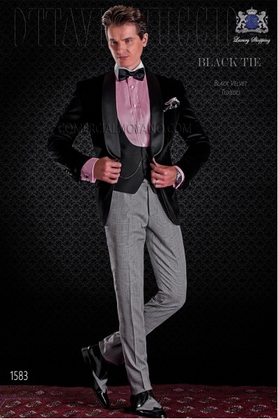 Esmoquin novio color negro combinado con pantalón Príncipe de Gales. Elegancia y excelencia en el vestir de noche.