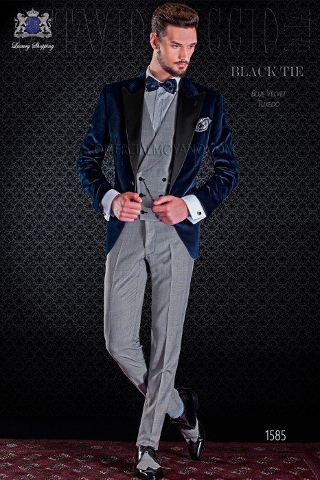 Blue groom tuxedo pants combined with Prince of Wales. Elegance and excellence in evening dress for men