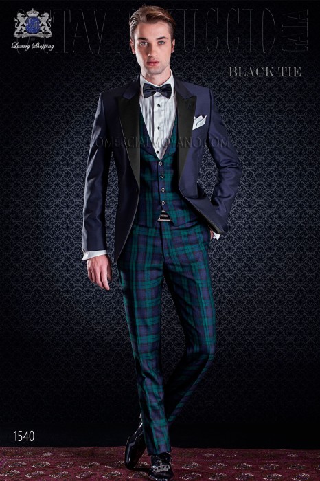 groom tuxedo combined navy and plaid. Elegance and excellence in evening dress for men