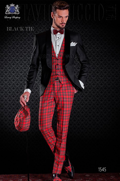 Esmoquin de novio combinado negro y tartán rojo. Elegancia y excelencia en el vestir de noche para caballeros