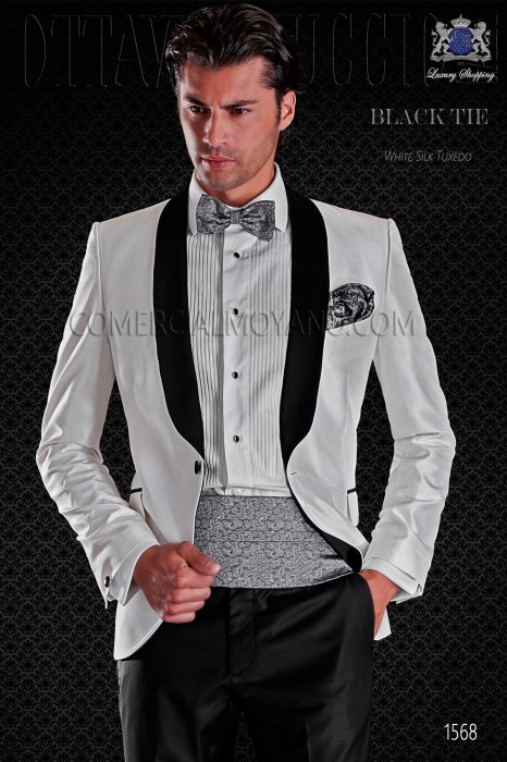 Italian tuxedo white shantung with satin lapels. Shawl collar and 1 button. Shantung silk mix fabric.