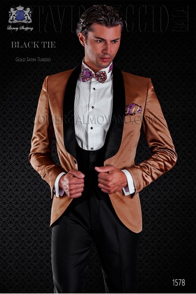 Italian golden tuxedo with satin lapels. Shawl collar and 1 button. Satin fabric.