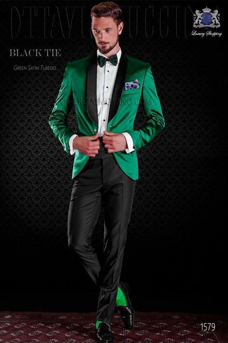 Italian green tuxedo with satin lapels. Shawl collar and 1 button. Satin fabric.
