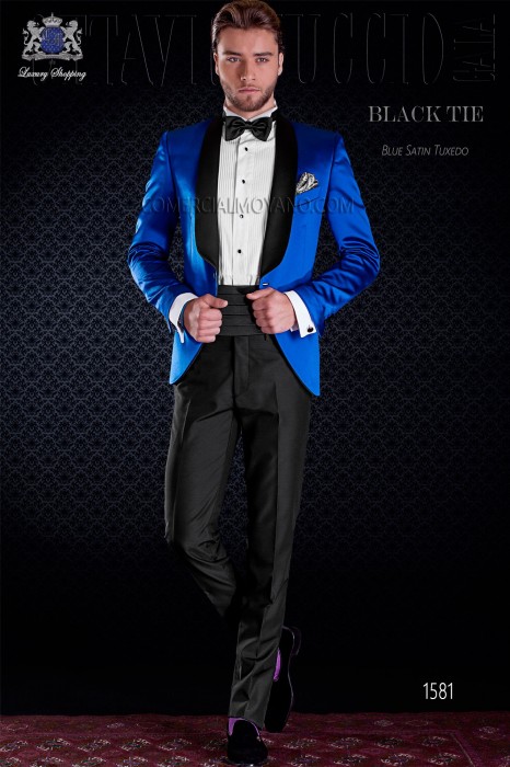 Italian royal blue tuxedo with satin lapels. Shawl collar and 1 button. Satin fabric.