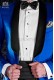 Italian royal blue tuxedo with satin lapels. Shawl collar and 1 button. Satin fabric.
