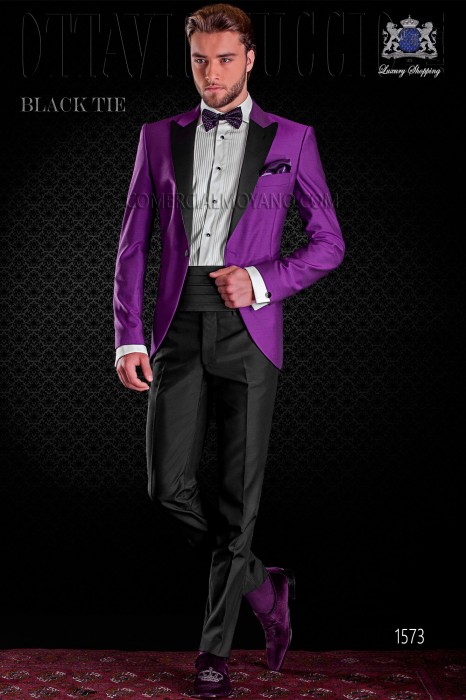 Italian purple tuxedo with satin lapels. Peak lapels and 1 button. Wool mix fabric.