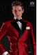 Tuxedo double breasted red shantung with satin lapels. Peak lapels and 4 buttons. Shantung silk mix fabric.