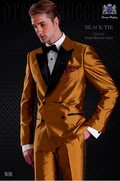 Tuxedo double breasted golden shantung with satin lapels. Peak lapels and 4 buttons. Shantung silk mix fabric.