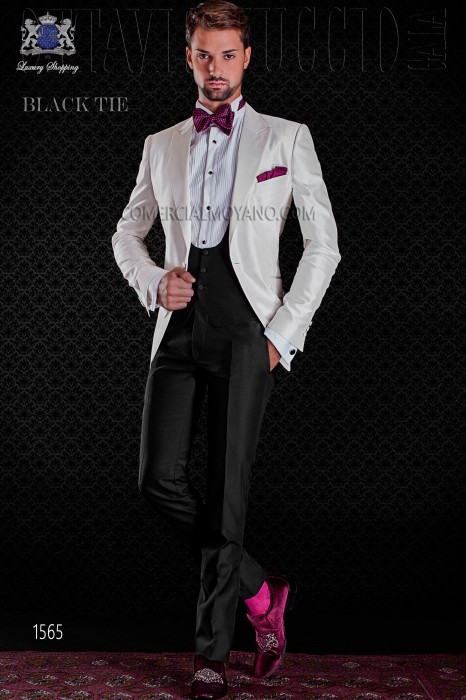 Tuxedo italienne de shantung blanc avec châle revers et 1 bouton. Tissu shantung soie mélangée.
