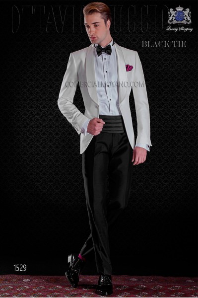 Italian white tuxedo with shawl satin collar and 1 button.