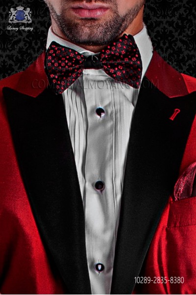 Bicolor black silk bow tie in with red micro-designs