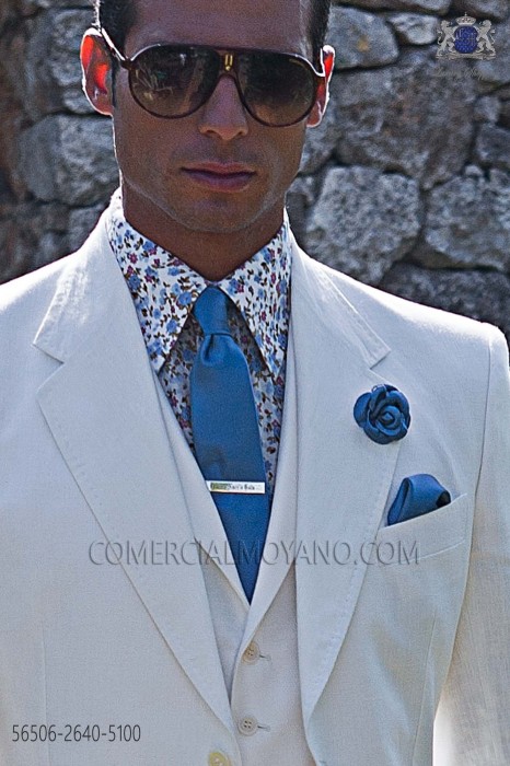 Corbata estrecha con pañuelo tejido azul de raso