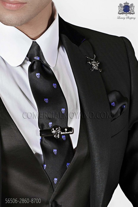 Narrow black tie and handkerchief silk satin with ppurple skulls