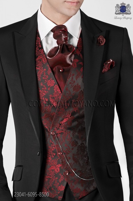 Black with red flowers asymmetric waistcoat in pure jacquard silk