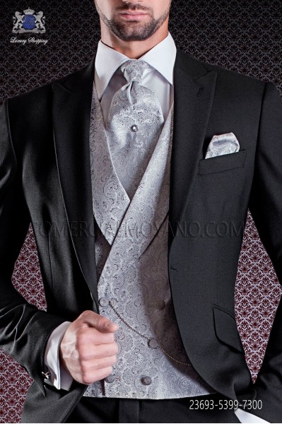 Pearl gray jacquard groom double breasted waistcoat 6 buttons shawl collar