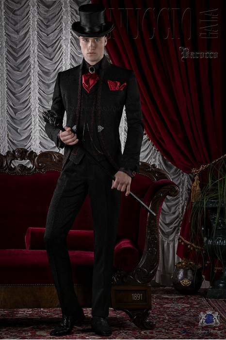 Traje de novio gótico de jacquard negro con bordado rojo.