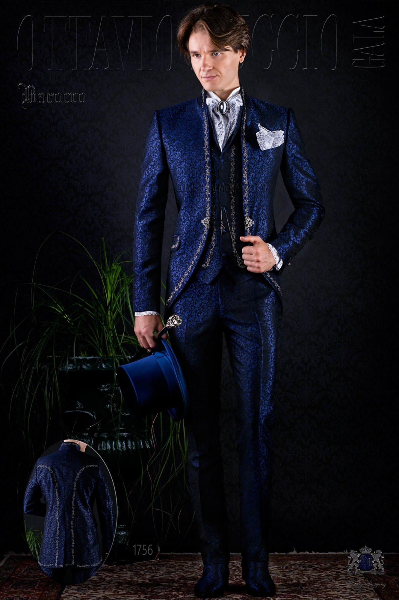 Baroque brocade blue silver embroidered frock coat.