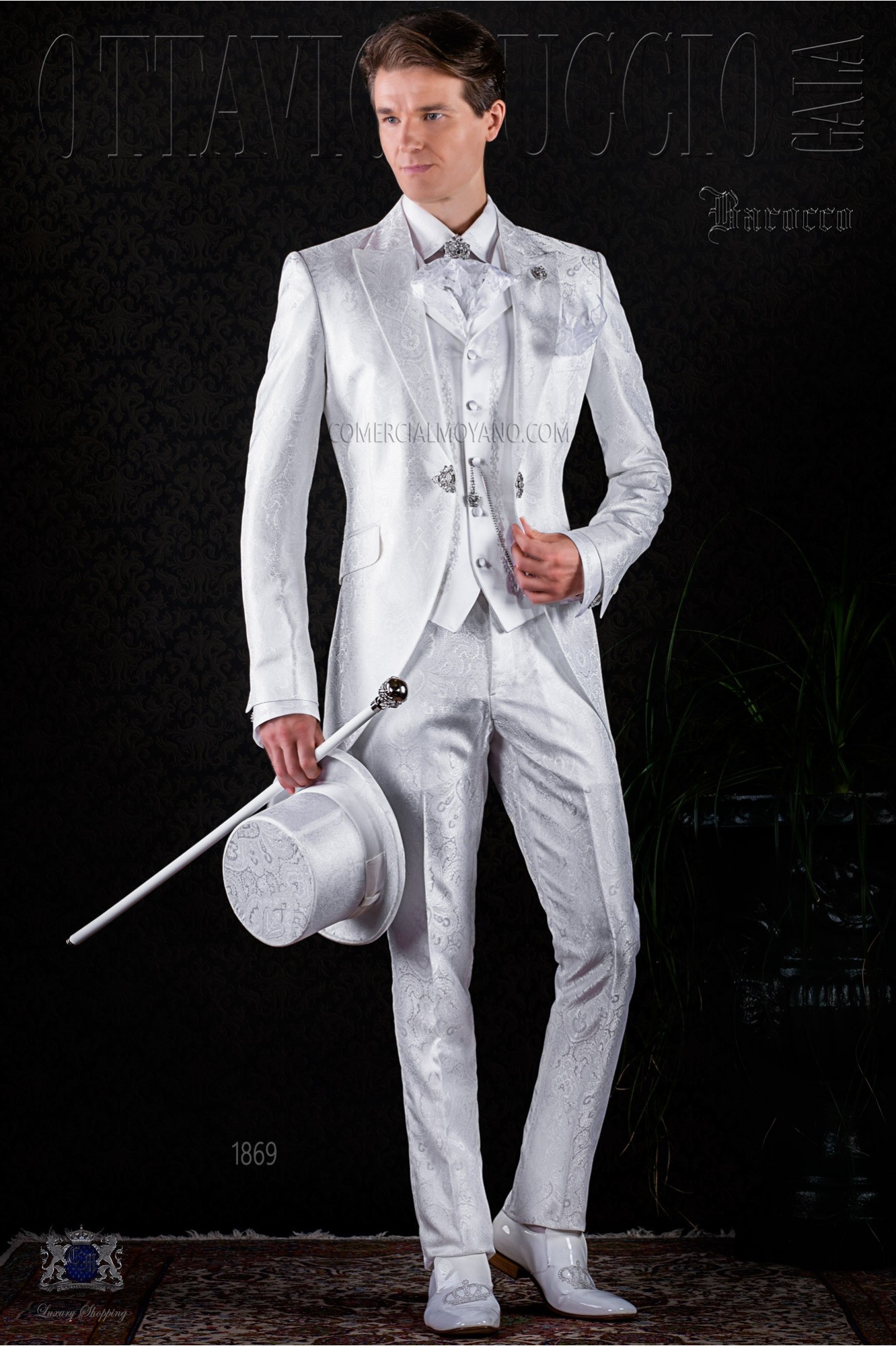 Baroque white jacquard frock coat with crystal brooch.