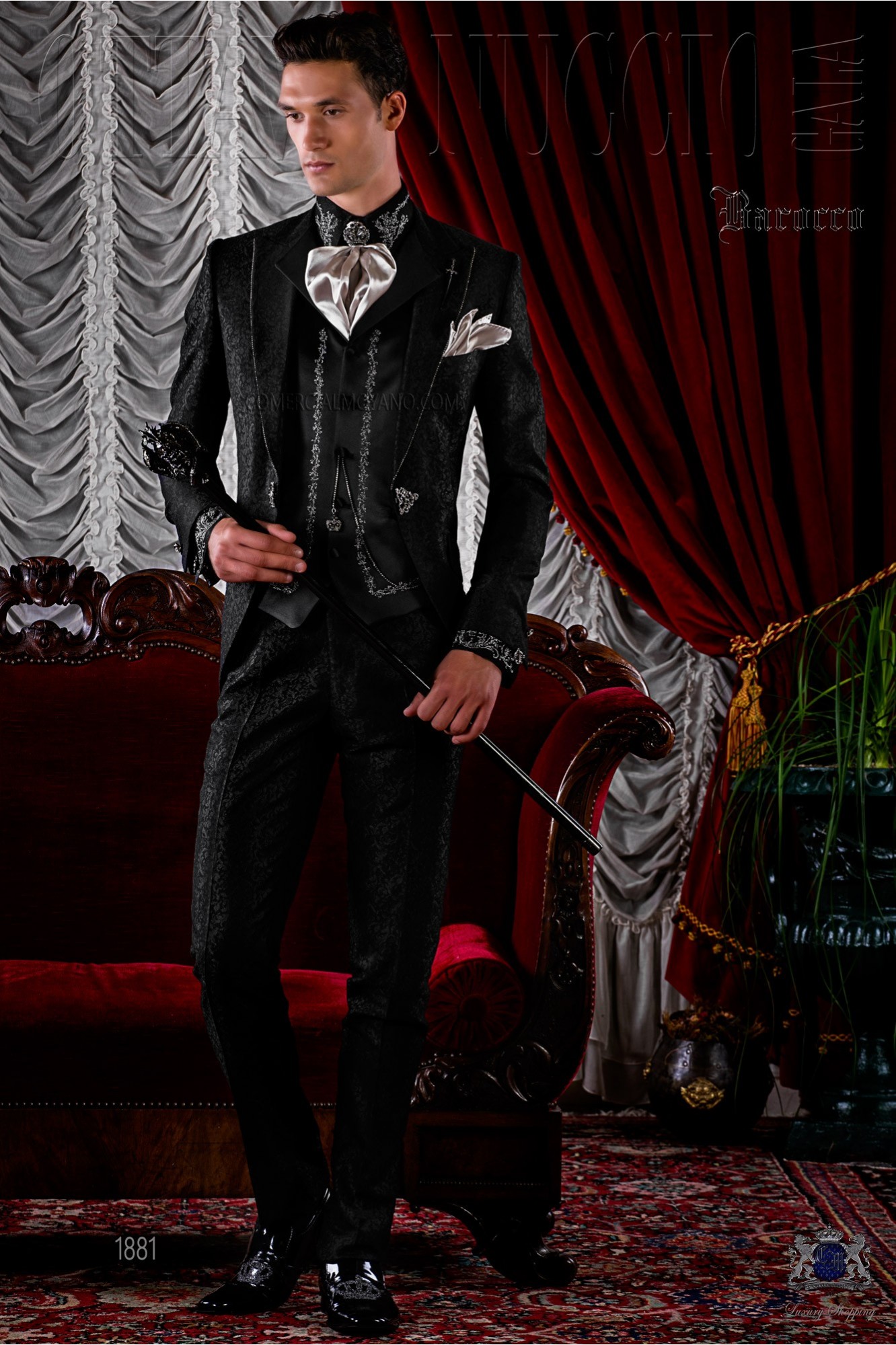 BBaroque brocade black frock coat with crystal rhinestones model 1881 Mario Moyano