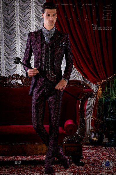 Baroque brocade purple frock coat with crystal rhinestones.