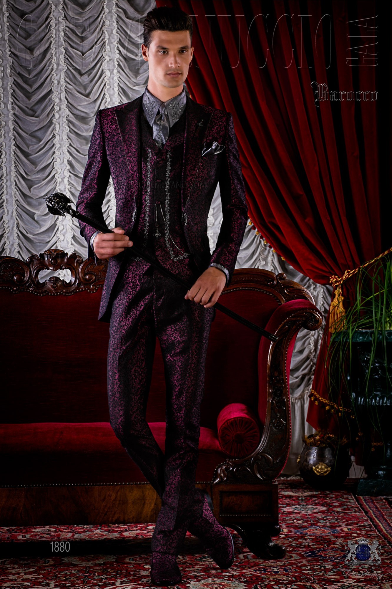 Baroque brocade purple frock coat with crystal rhinestones model 1880 Mario Moyano