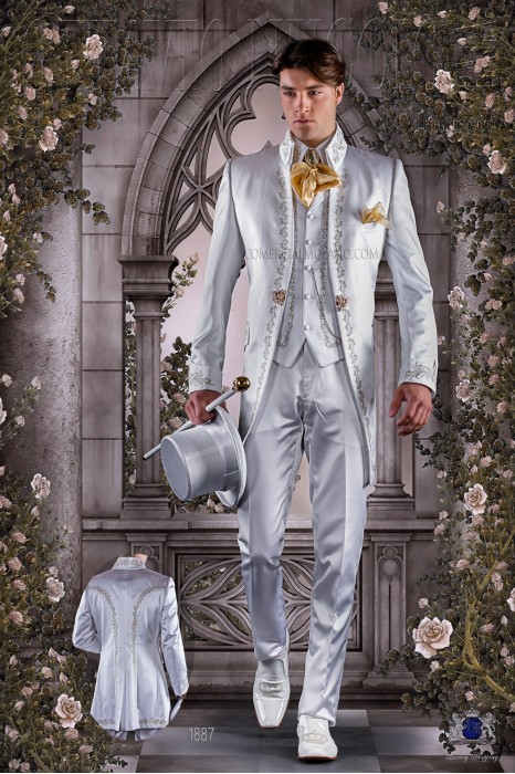Baroque white satin frock coat with golden embroidery.