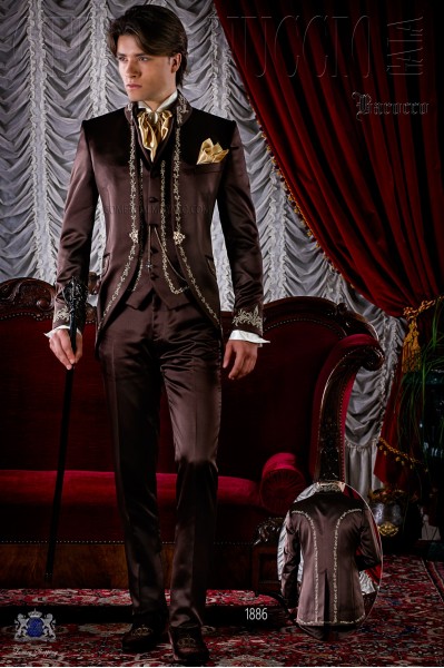 Brown satin baroque frock coat with gold embroidery.