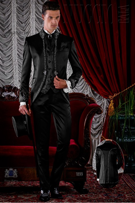 Gothic black satin frock coat silver embroidered.