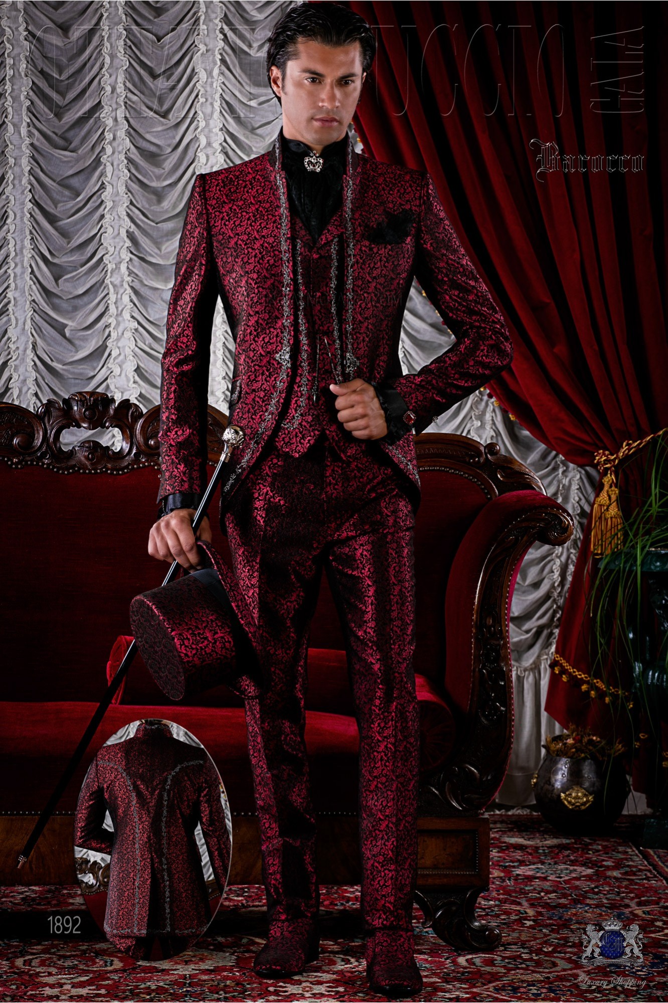 Baroque brocade red frock coat silver embroidered.