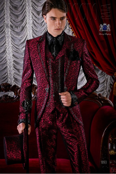 Gothic red brocade frock coat silver embroidered.