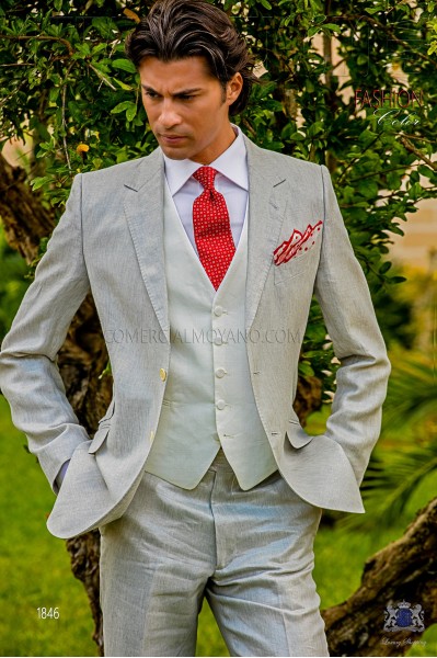 stitched bespoke pearl grey metalized linen suit