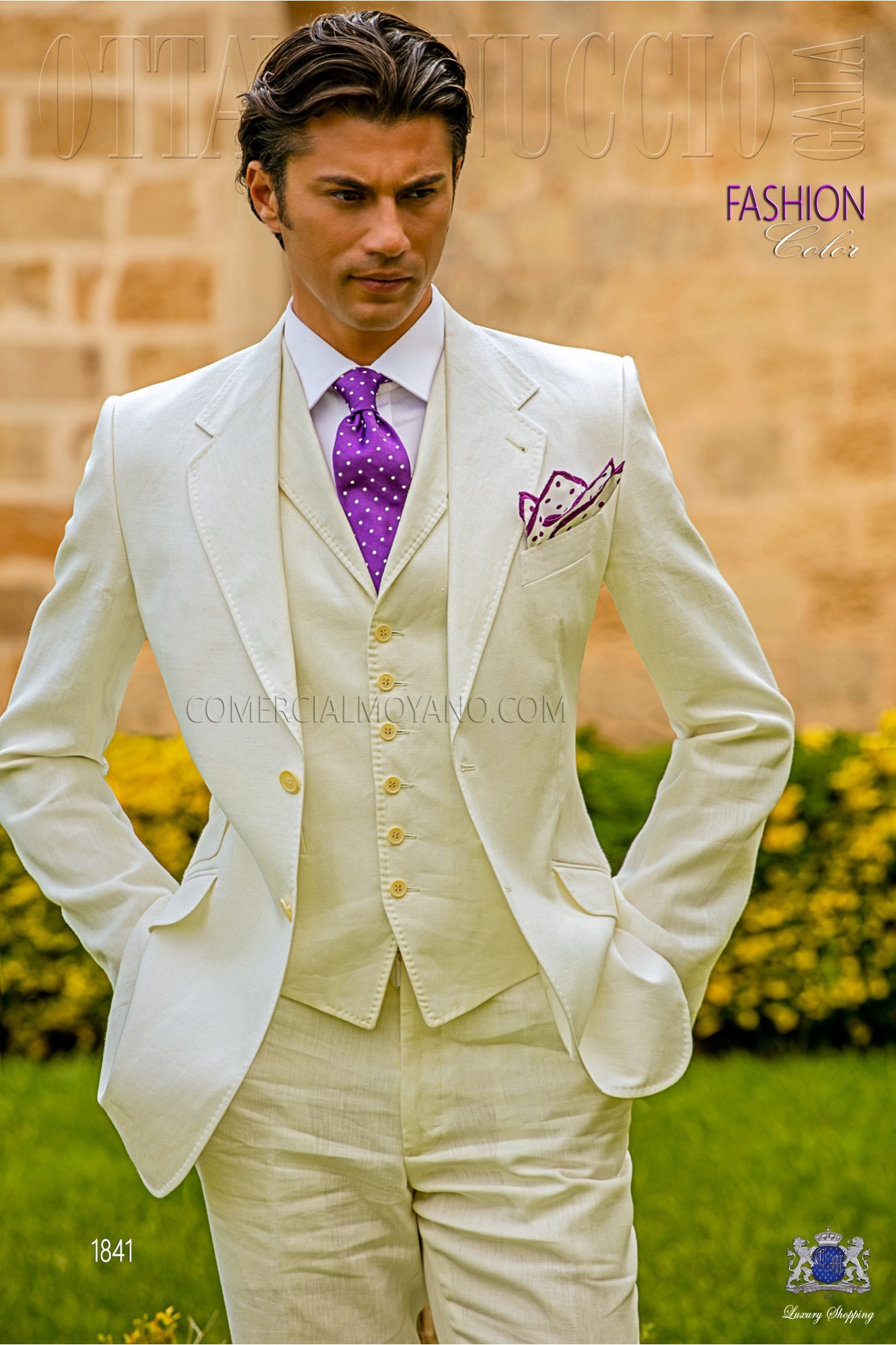 Stitched bespoke ivory pure linen suit model 1841 Mario Moyano