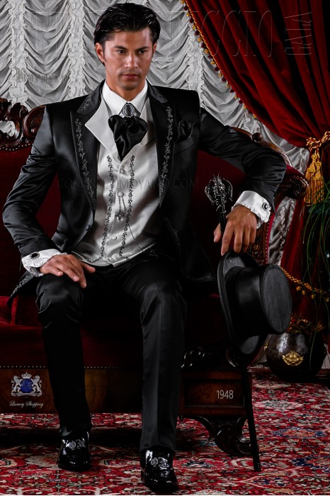 Baroque black satin frock coat silver embroidered